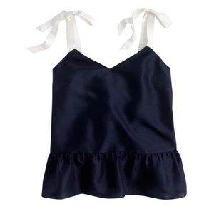 J. Crew navy blue silk & ivory tie peplum cami